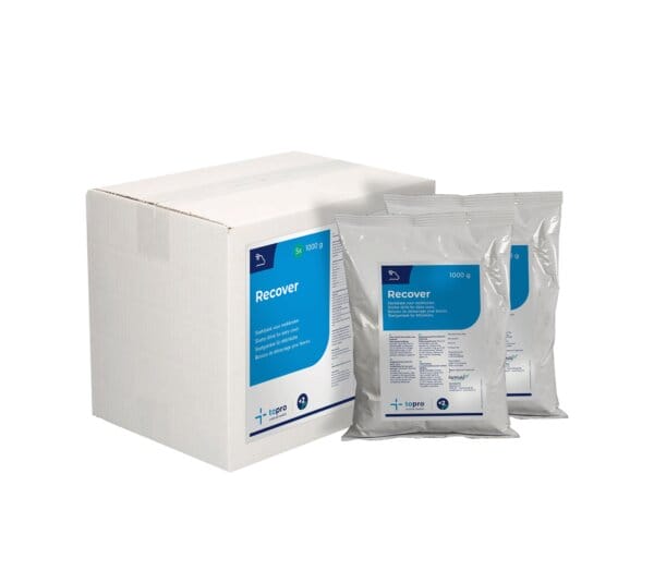Topro Recover - Unterstützt die Genesung nach der Geburt mit wichtigen Vitaminen, Antioxidantien und Melonengeschmack zur Verbesserung der Aufnahme. Optimale Dosierung in 20 Liter warmem Wasser aufgelöst, reduziert das Risiko von Lebmagenverdrehungen. Praktische Portionierung für eine präzise Anwendung.