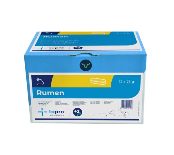 Topro Rumen Bolus – Diätergänzungsfuttermittel zur Förderung der Pansenflora, Steigerung der Wiederkäuaktivität und Reduzierung der Pansenübersäuerung bei Rindern.
